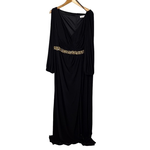 Mac Duggal Jersey V Neck Maxi Dress Gold Beaded Size 20 Leg Slit Formal - Picture 4 of 12